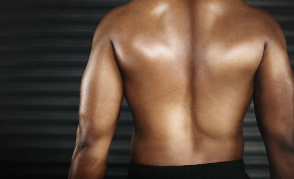 His Bodys Built Machine Shirtless Man Defined Back Muscles —  Fotos de Stock