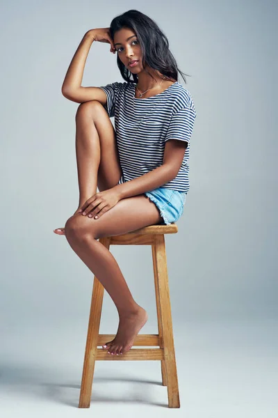 Most Beautiful Thing Being Yourself Beautiful Young Woman Sitting Wooden — Foto Stock