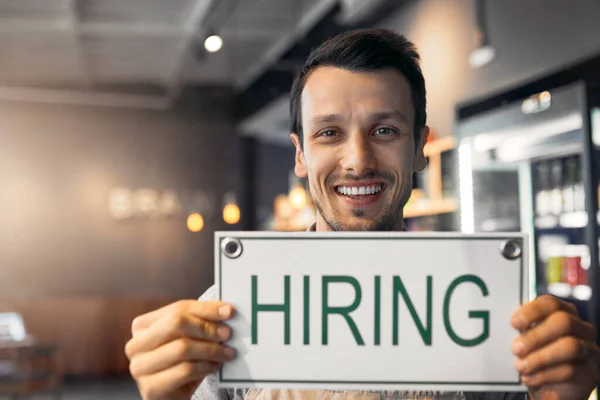 Were Hiring Cropped Portrait Handsome Young Man Holding Hiring Sign — Photo
