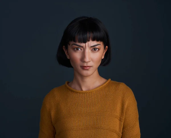 Mood Studio Shot Attractive Young Woman Looking Angry Dark Background — Zdjęcie stockowe