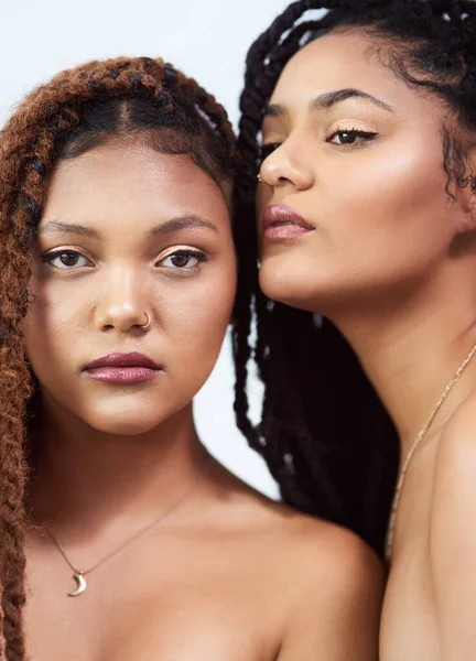 Together Glow Studio Shot Two Beautiful Young Women Posing Grey — Photo