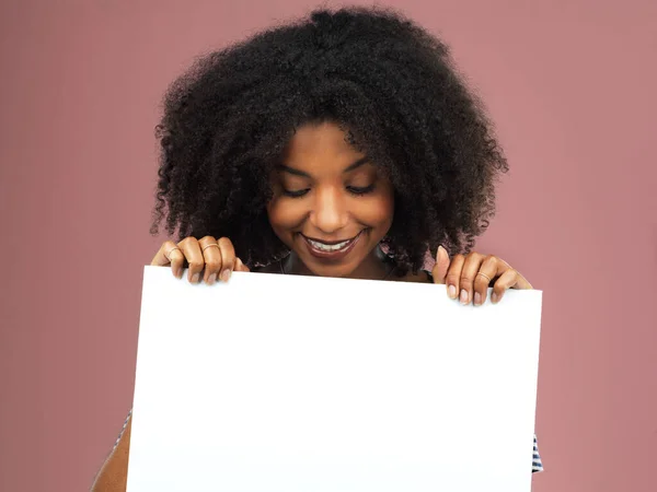 Happy Present You Studio Shot Attractive Young Woman Holding Blank — Stock Fotó