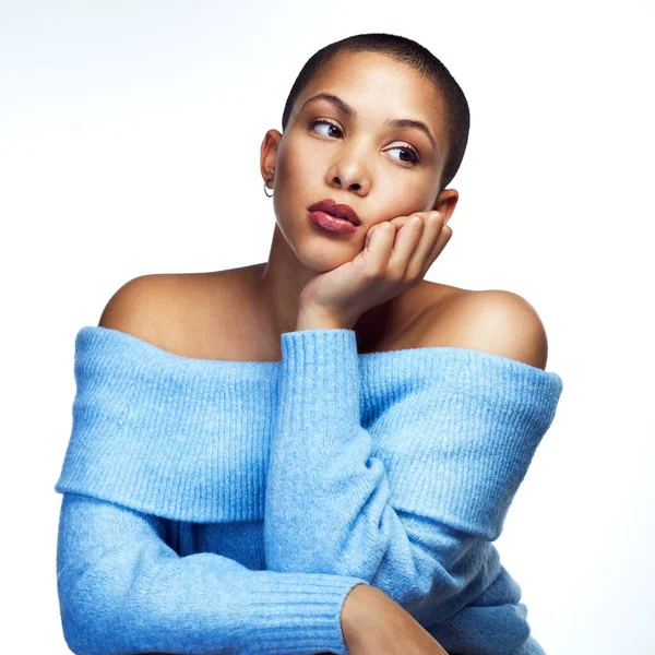 Thinking Few Things Studio Shot Attractive Young Woman Posing Grey — Zdjęcie stockowe