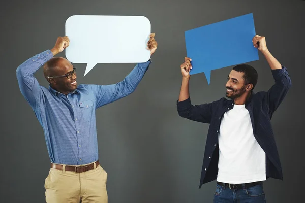Men Holding Speech Bubbles Social Media Communication Messaging Chatting Texting — Zdjęcie stockowe