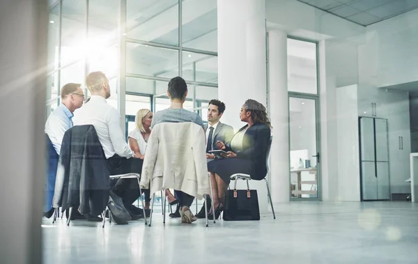 Group Diverse Coworkers Talking Together While Sitting Circle Office Employees — Stock Photo, Image