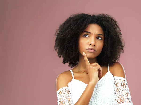 Maybe Maybe Beautiful Young Woman Looking Thoughtful Pink Background — ストック写真