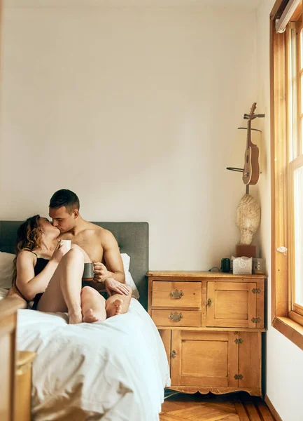 Coffee Cuddles Nothing More Needed Affectionate Young Couple Having Morning — 스톡 사진