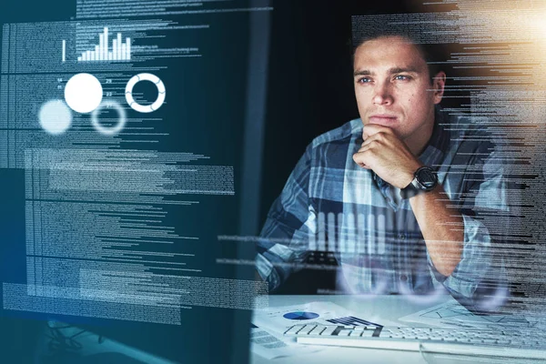 Computer programmer, software developer, or engineer working on computer database with futuristic CGI graphic data. Male information technology coder or a IT programmer coding company cyber security.