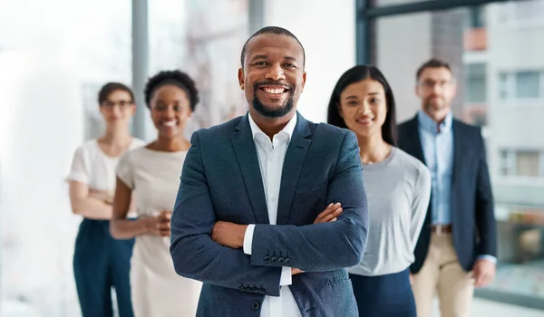 Professional Diverse Successful Business Team Smiling Standing Together Office Happy — Stock Fotó