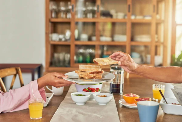 Just Another One Unrecognizable Woman Handing Plate Toast Man Breakfast — Photo