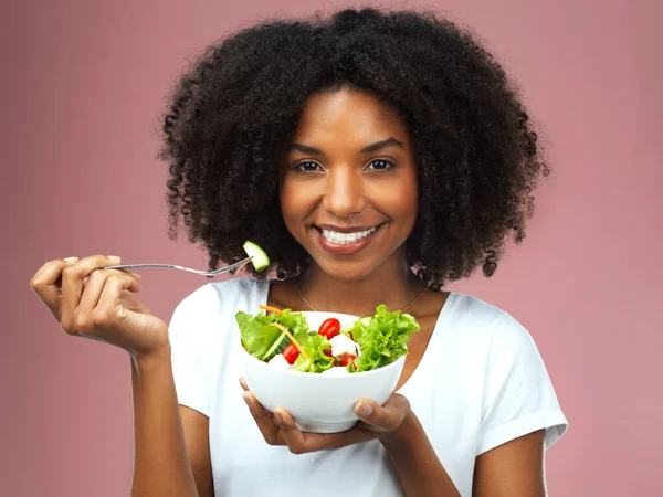 Fuel Body Studio Shot Attractive Young Woman Eating Salad Pink — Photo