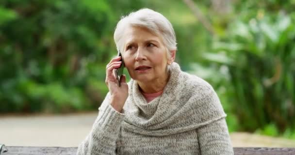 Old Lady Talking Phone Call Park While Relaxing Bench Enjoying — Stock Video