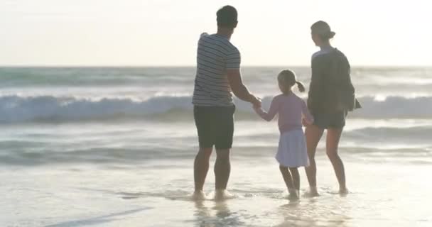 Семья Гуляющая Вместе Пляже Сблизиться Друг Другом Проводить Время Свежем — стоковое видео