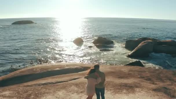Couple Celebrating Anniversary Looking Sea View Romantic Summer Holiday Rear — Video Stock