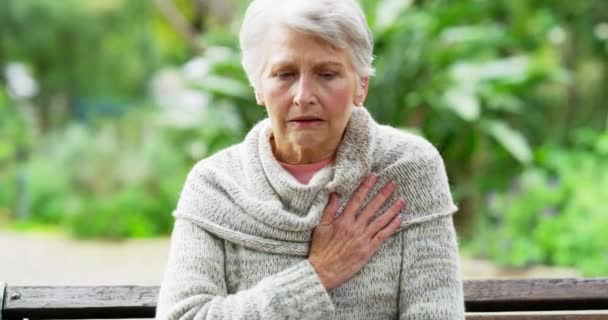 Старшая Женщина Страдает Сердечного Приступа Тяжело Дышит Испытывает Боль Груди — стоковое видео