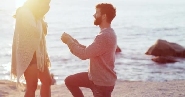 Romantic Man Proposing Woman Beach Sunset Hugging Embracing Holding His — Vídeo de stock