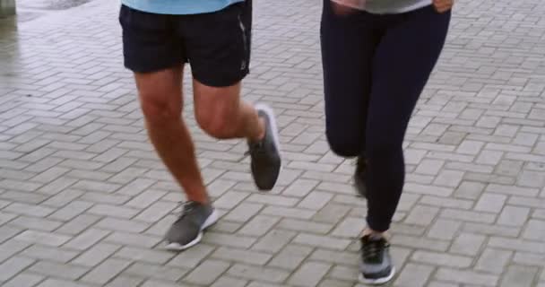 Fitness Active Healthy Mature Couple Talking While Running Jogging Seaside — Wideo stockowe