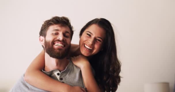 Caring Loving Happy Couple Hugging Bonding Living Room Home Smiling — Video