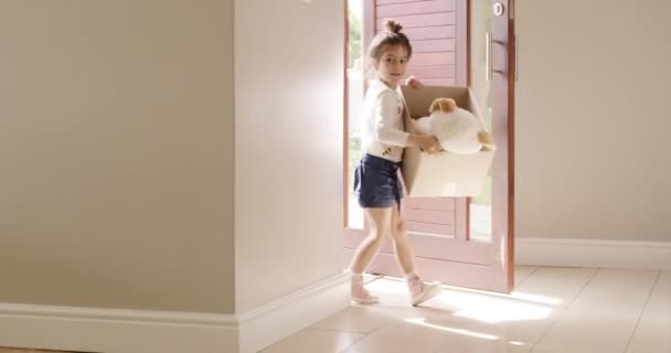 Family Moving Empty New Home Carrying Boxes While Looking Happy — Video Stock