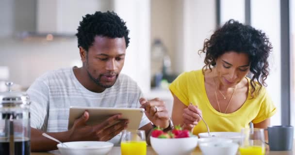 Happy Excited Couple Searching Home Online Using Tablet While Having — Stock video