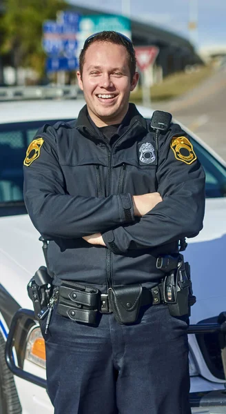 Patrolling Streets Cropped Portrait Handsome Young Policeman Standing His Arms — Stock Photo, Image