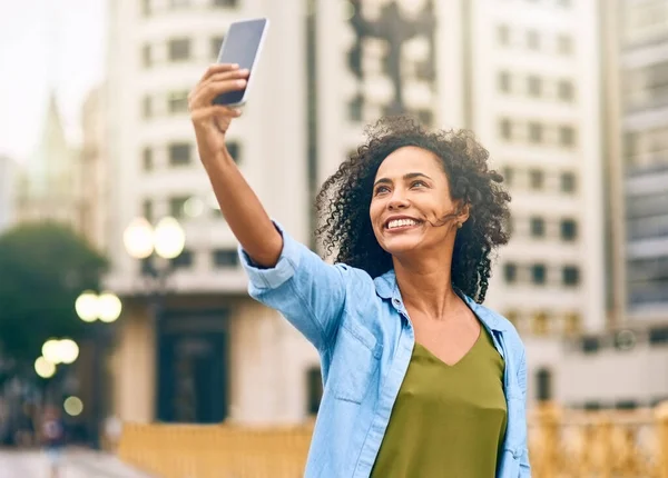 Nothing Beats Being Your Selfie Young Woman Taking Selfie Her — Foto Stock