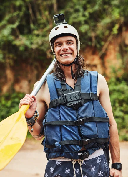 Life Adventure Dare Adventurous Young Man Wearing Helmet Action Camera — 스톡 사진