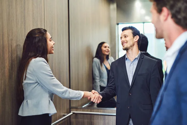 Came Conference Meet Businesspeople Businesspeople Meeting Greeting Elevator — Stockfoto