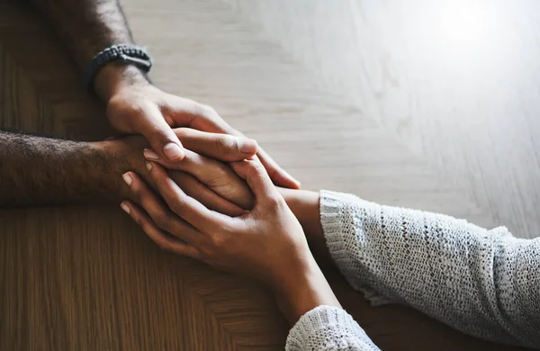 You Make Better Person Man Woman Compassionately Holding Hands Table — Fotografie, imagine de stoc