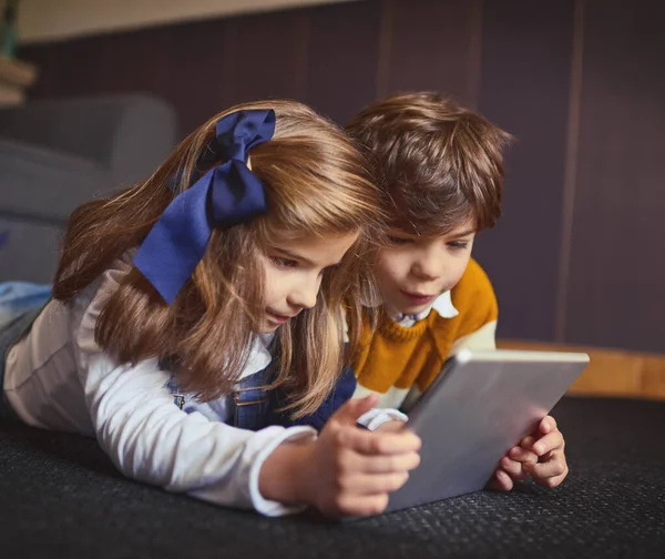 Kid Friendly Apps Popular Days Little Boy Girl Using Digital —  Fotos de Stock