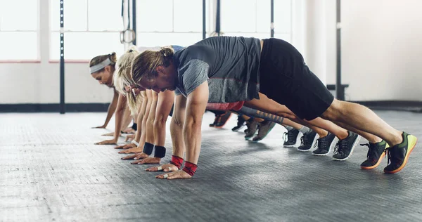 Gym Body Transformation Station Group Young People Doing Push Ups — Stock fotografie