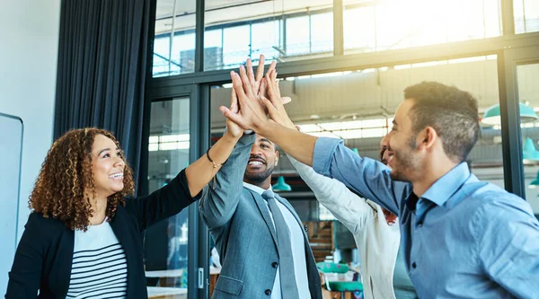 Success Always Ours End All Group Businesspeople High Fiving Together — Foto Stock