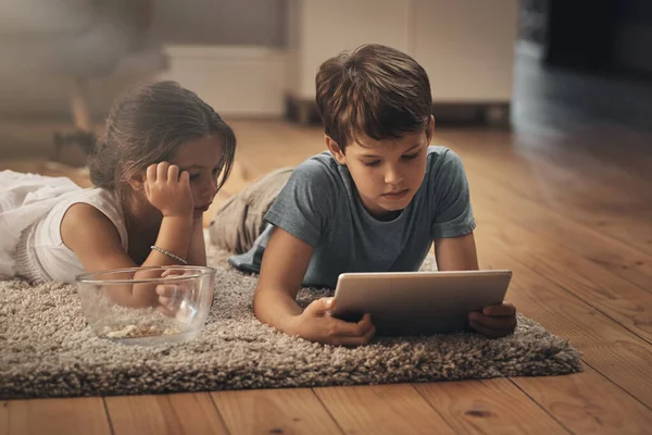 Epitome Modern Childhood Adorable Brother Sister Using Digital Tablet Together — Photo