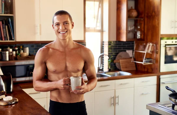 Cheer Has Cup Coffee Handsome Young Shirtless Man Drinking Cup — Fotografia de Stock