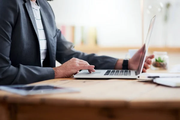 Working His Home Office Unrecognizable Businessman Working His Laptop While — Foto de Stock