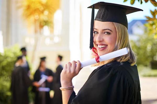 Fireworks Begin Today Happy Young Woman Holding Her Certificate Graduation — Stockfoto