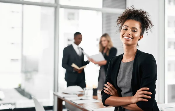 Happy Have Career Advancing Positively Portrait Young Businesswoman Standing Office — Fotografia de Stock
