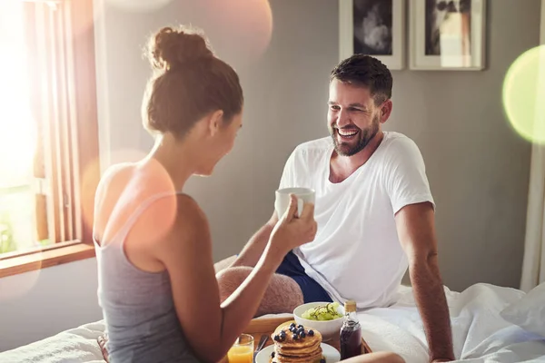 Wouldnt Mind Everyday Happy Young Couple Enjoying Breakfast Bed Together —  Fotos de Stock