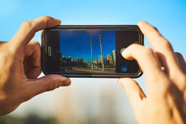 Landscapes Favorite Capture Unrecognizable Man Taking Photo City His Cellphone — Fotografia de Stock