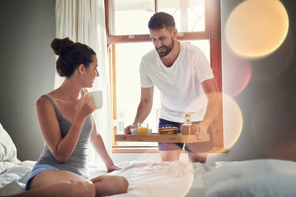 She Deserves Treated Happy Young Couple Enjoying Breakfast Bed Together — 스톡 사진
