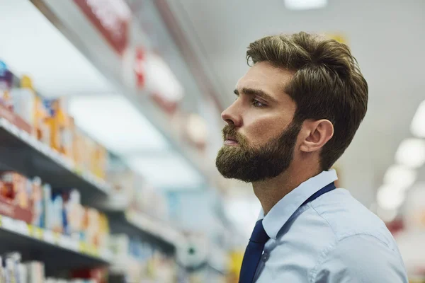 Looking Specific Type Medication Handsome Young Man Looking Medication Pharmacy — Stok fotoğraf