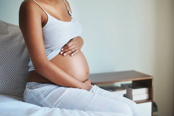 Temporarily Belly Forever Heart Unrecognizable Pregnant Woman Sitting Bed Holding — Foto Stock
