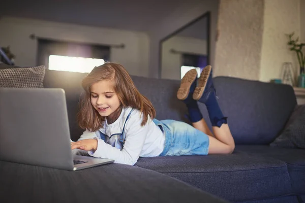 Shes Eager Knowledge Adorable Little Kids Using Wireless Technology Home — Foto Stock