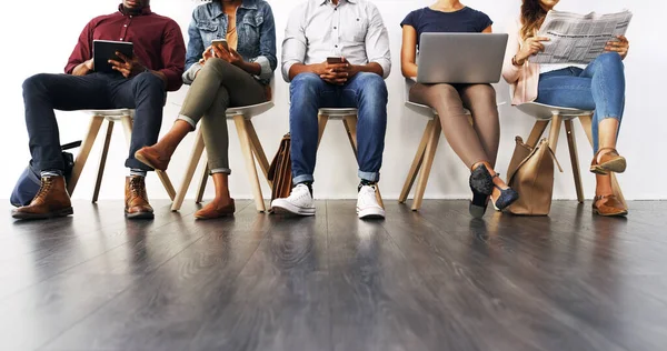 Bring Your Device Work Today Group Unrecognizable Businesspeople Waiting Line — Stockfoto