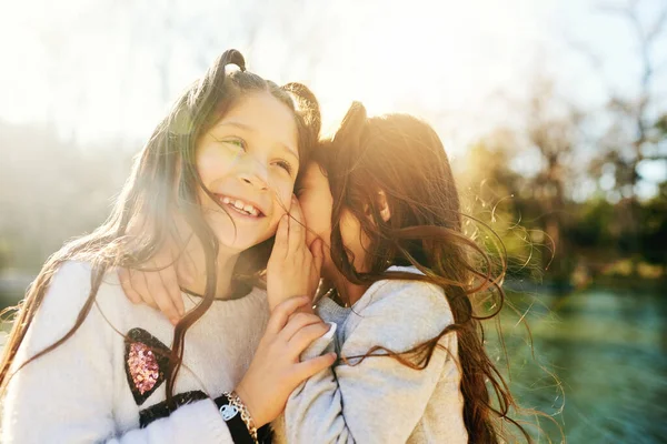 Sisters Always Keep Secrets Adorable Little Girl Whispering Her Sisters — Stockfoto