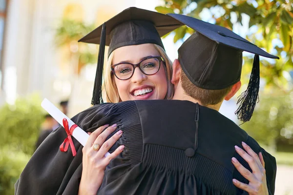 Graduation Day Day Celebrating Young Couple Embracing Each Other Graduation — Zdjęcie stockowe