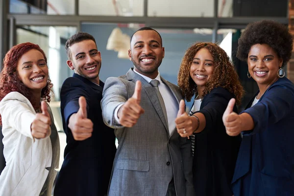 Keep Positivity Your Side Portrait Group Businesspeople Showing Thumbs Together — Stok fotoğraf