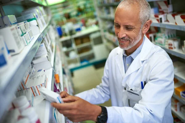 Stocked Latest Medicinal Brands Mature Pharmacist Doing Inventory Pharmacy — Fotografia de Stock