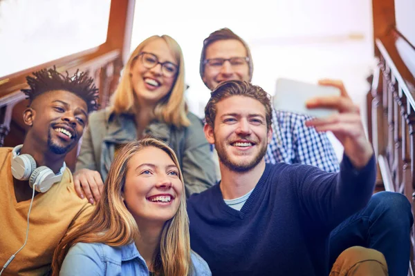 Become Your Friends Life Group Diverse University Students Taking Selfie — Stockfoto