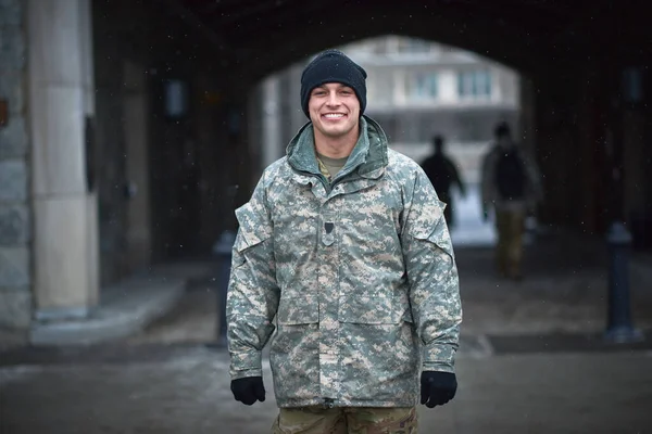 First Day Military School Lets Young Soldier Standing Cold Day — Fotografia de Stock